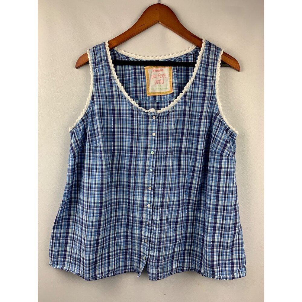 Women’s Avenue Blue Plaid Lace Tank Top Size L